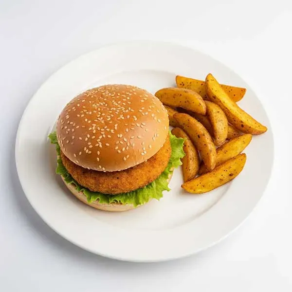 Aloo paneer tikki burger with tandoori mayo and peri peri baked wedges