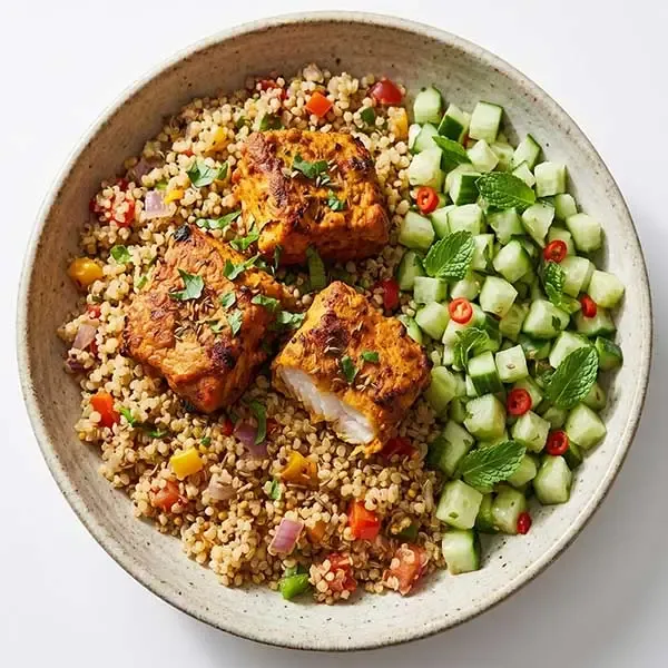 Amritsari Machhi Tikka With Masala Quinoa And Minted Cucumber Salad