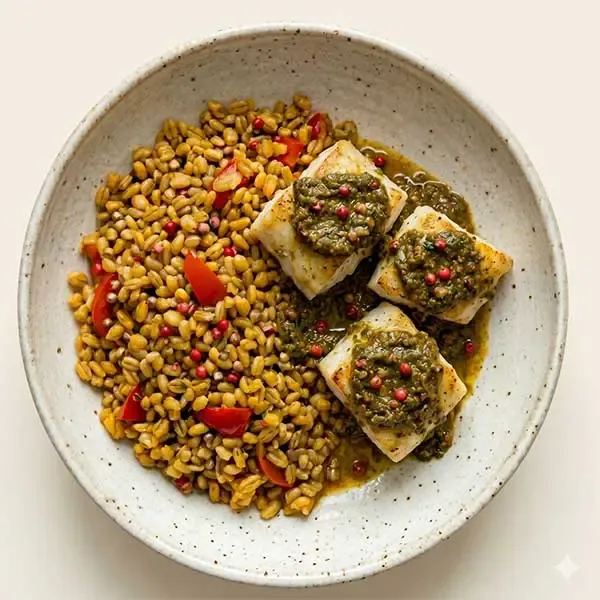 Arabian Coriander And Tamarind Grilled Fish With Barley Pilaf