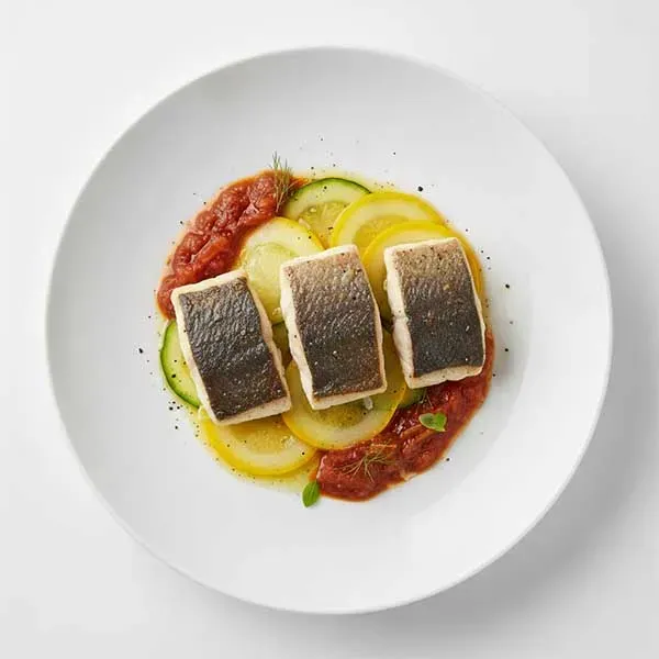 Garden Fresh Basil Fish With Squash Carpaccio And Fennel-Tomato Sauce