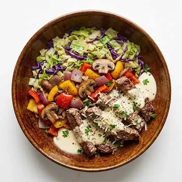 Asiago Cream Steak Strips with Bell pepper & Mushroom Medley