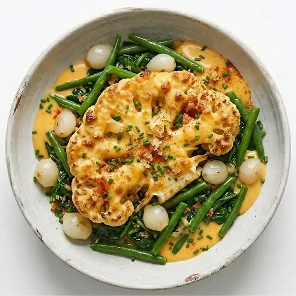 Baked Cheesy Cauliflower Steak with Sauteed Spinach and Cheddar Cheese Sauce