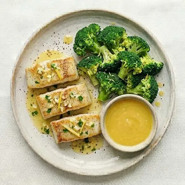 Baked Fish with Lemon-Garlic Butter & Steamed Broccoli