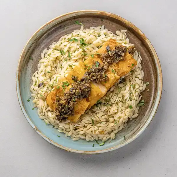 Baked Fish With Olive Tapenade And Lemon-Parsley Orzo