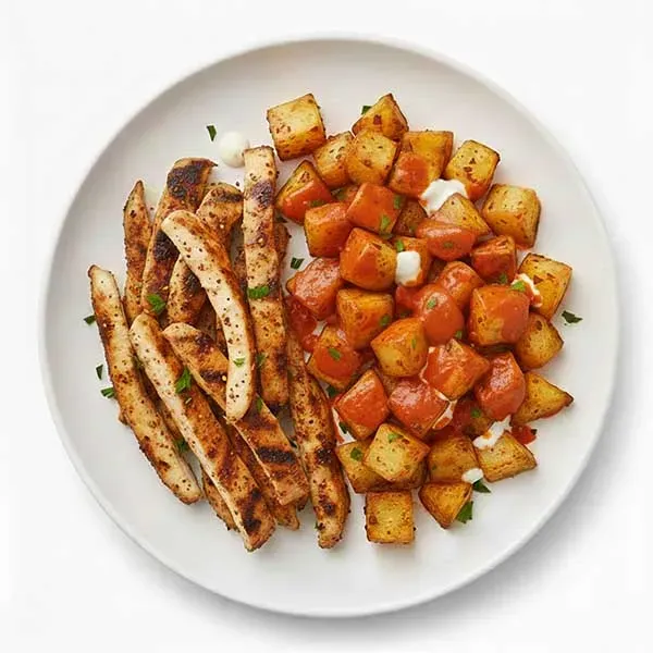 Balsamic marinated chicken with roasted brava potatoes