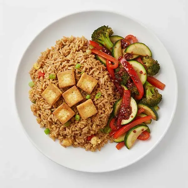 Bangkok Tofu fried rice with chili oil tossed veggies