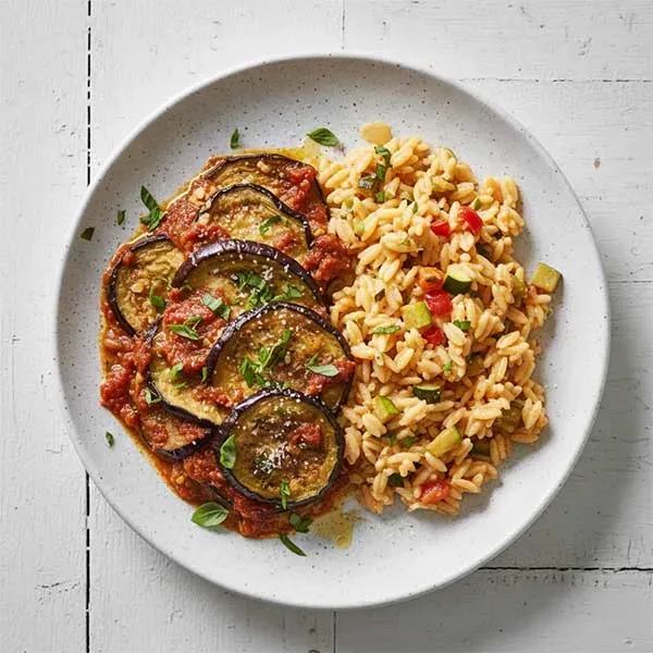 Basil & Eggplant Casserole With Creamy Vegetable Orzo