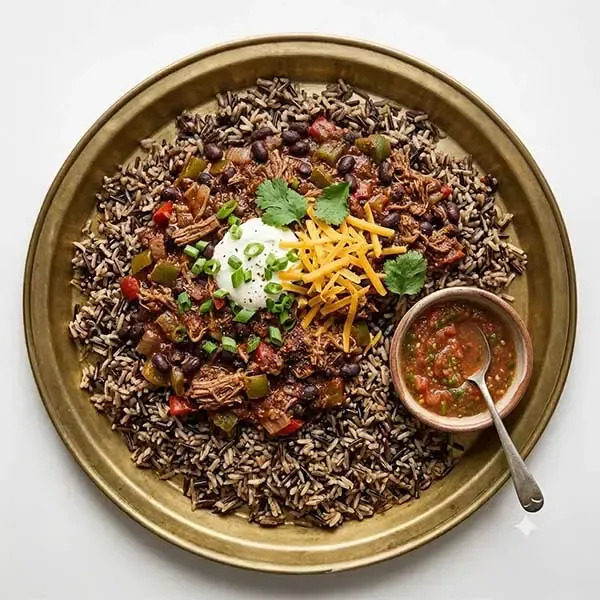 Beef & Black Bean Chili served over High-Protein Wild Rice