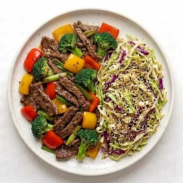 Beef & Broccoli Pepper Fry with Toasted Sesame Cabbage