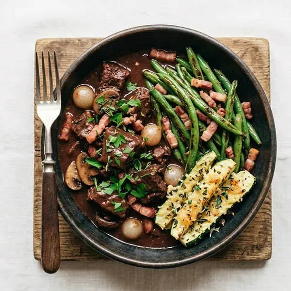 Beef Bourguignon With Herby Veggies Roasted With Parmesan