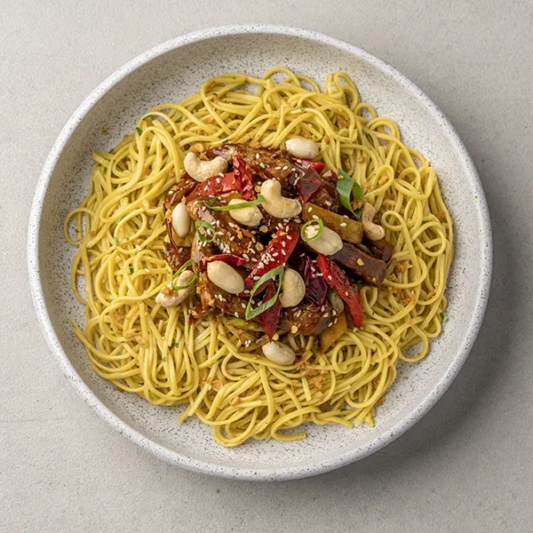 Beef Kung Pao with Peanuts, Peppers & Kaffir Lime Tossed Noodles