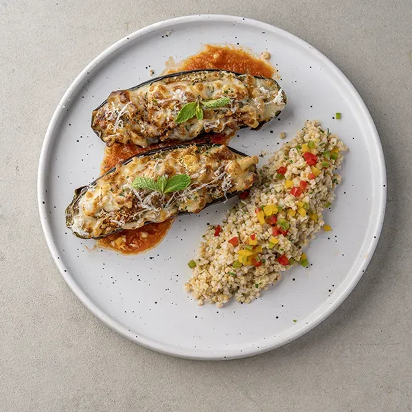 Beef Stuffed Eggplant With Cracked Wheat & Mint Tomato Sauce