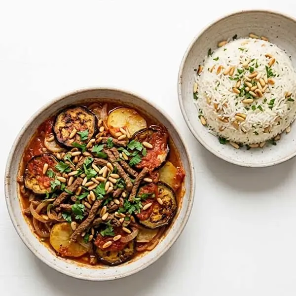 Beef Tebsi Baytinjan With Pine Nuts Rice
