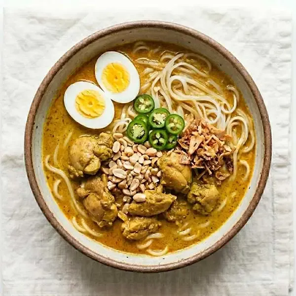 Burmese Chicken Khao Swe Noodle With Curried Coconut Sauce