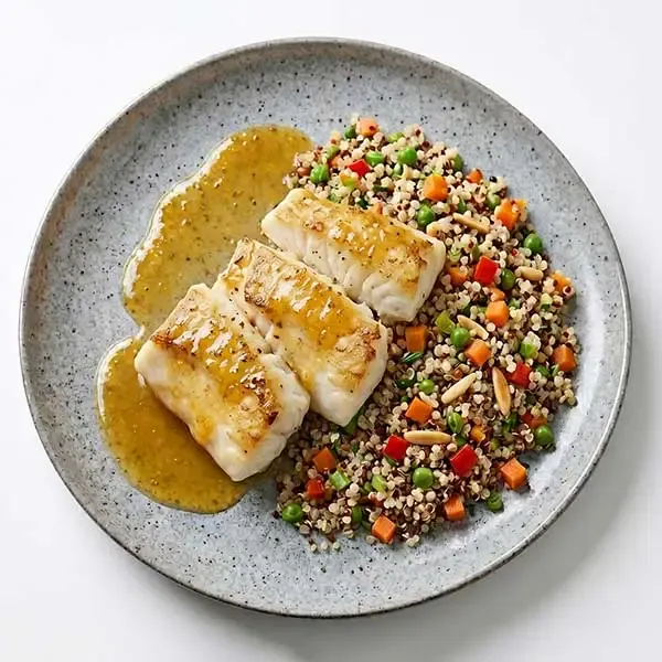 Butter Bake Fish With Golden Berry Glaze And Vegetable Quinoa Pilaf