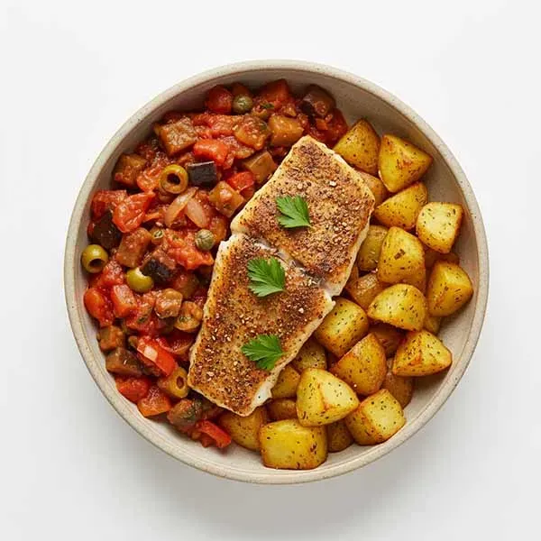 Cajun Spiced Fish With Caponata Veggie And Roasted Potato