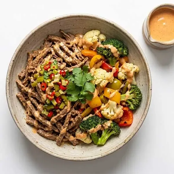 California braised beef with chili pickle, roasted veggies and buffalo sauce