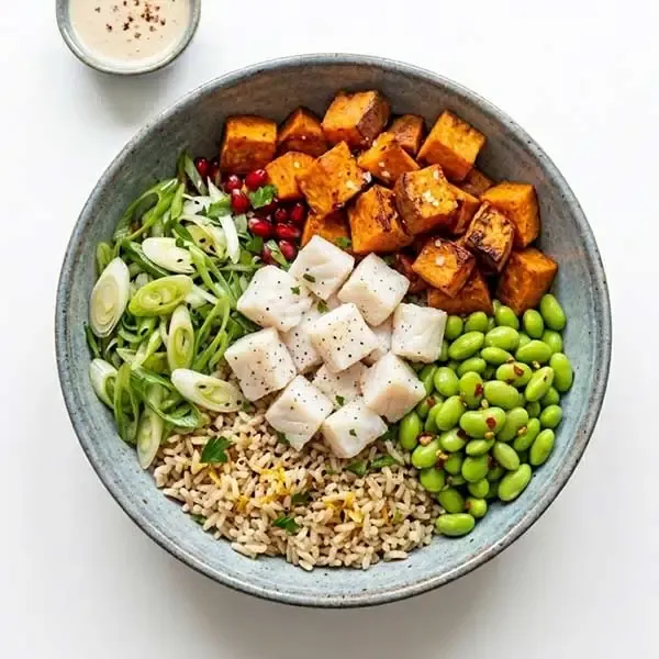 Caspian Fish Bowl with Sweet Potato, Edamame & Scallions