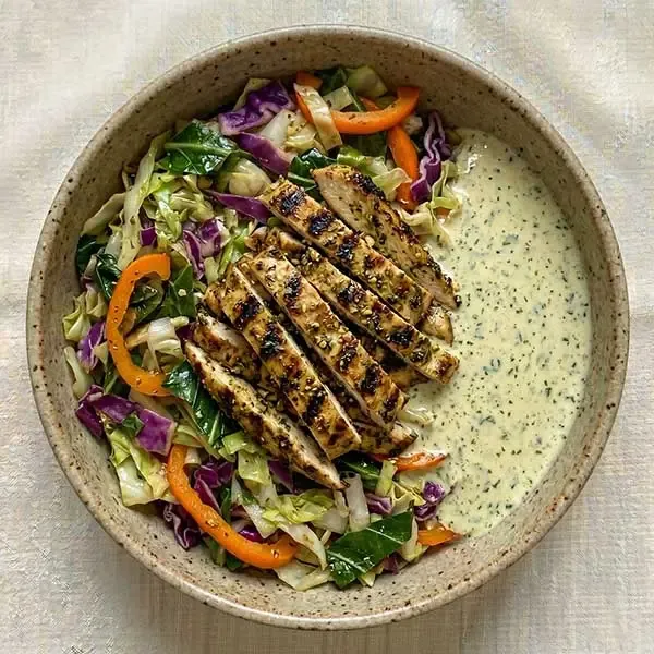 Chargrilled Basil Pesto Chicken With Cabbage Melange