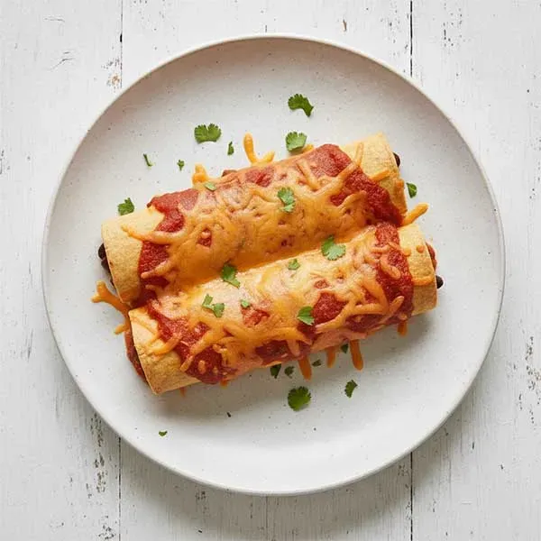 Cheddar Baked Enchiladas Filled With Beans, Corn & Tomato Sauce