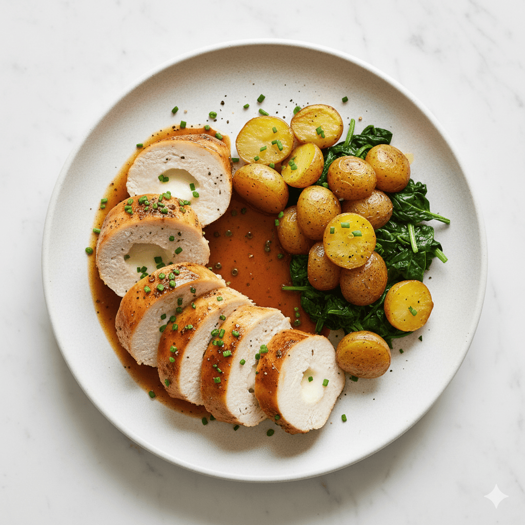 Cheese Stuffed Chicken Breast With Brown Sauce & Roasted Potatoes With Spinach