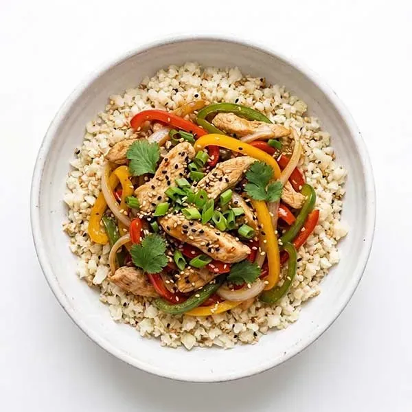 Chicken & Pepper Stir-Fry Over Sesame Cauliflower Rice
