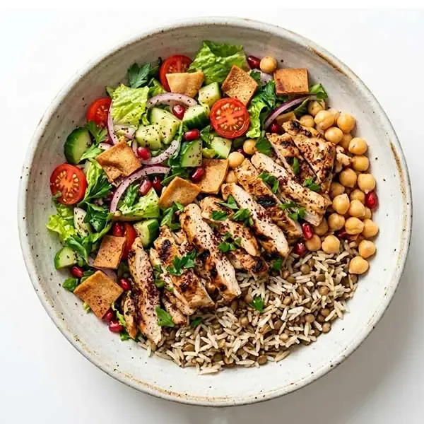 Chicken Al Fahm Fattoush Bowl With Chickpeas And Lentil Rice