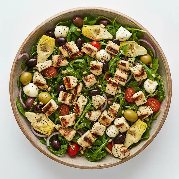 Chicken Anti Pesto Salad With Olives, Cheese And Artichoke