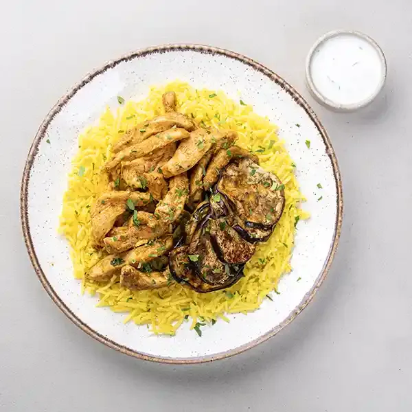 Chicken Maglouba With Fried Eggplant & Layered Rice