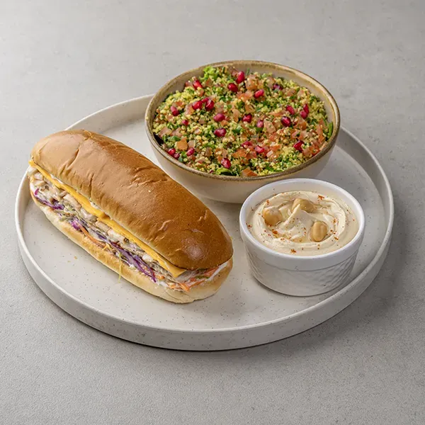 Chicken Samoon Sandwich With Scallion Hummus And Tabbouleh