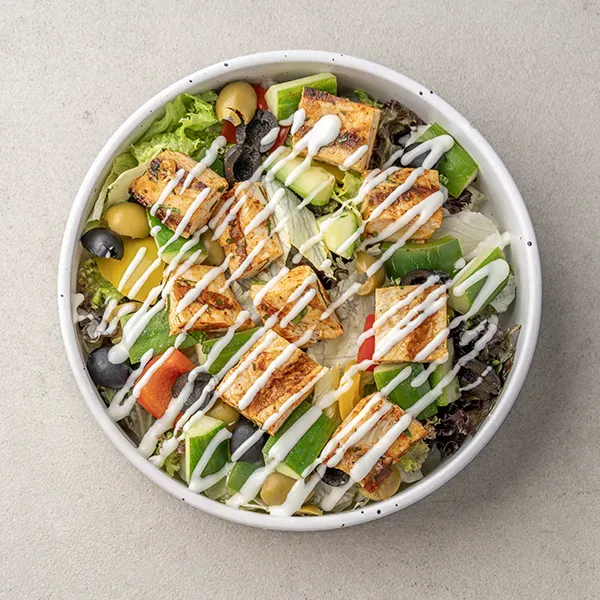 Chicken Shish Tawook Salad With Pita Bread and Garlic Yogurt Dressing
