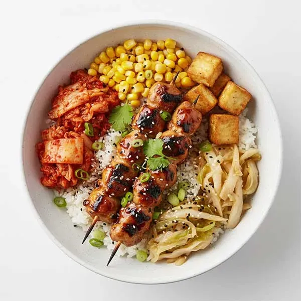 Chicken Yakirtori Rice Bowl With Kimchi,Corn Kernel,Fried Tofu And Braised Cabbage