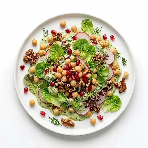 Chickpeas & Walnut Salad with Radish, Pomegranate & Creamy Herb Dressing