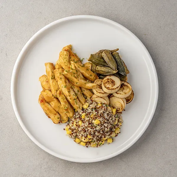 Chili-Lime Charred Chicken with Roasted Okra, Hearts of Palm & Quinoa-Corn Medley