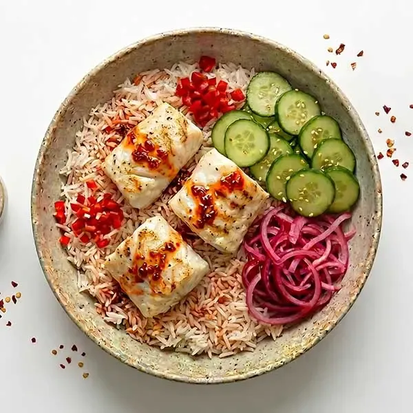 Chilly Infused Fish Rice Bowl With Pickled Cucumber And Red Onion