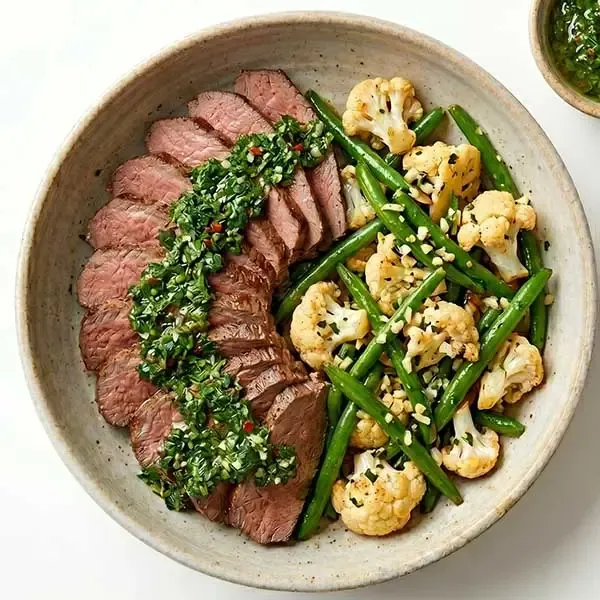 Chimichurri Grilled Beef Medallions with Garlic Green bean and  Cauli Mix
