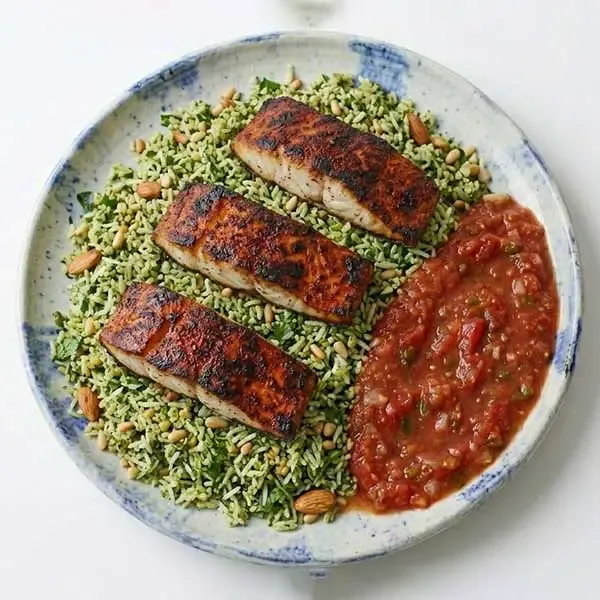 Chipotle-Roasted Fish with herbed rice  &  Salsa