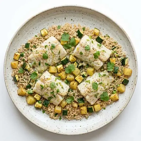 Cilantro Lime Poached White Fish With Brown Rice And Zucchini
