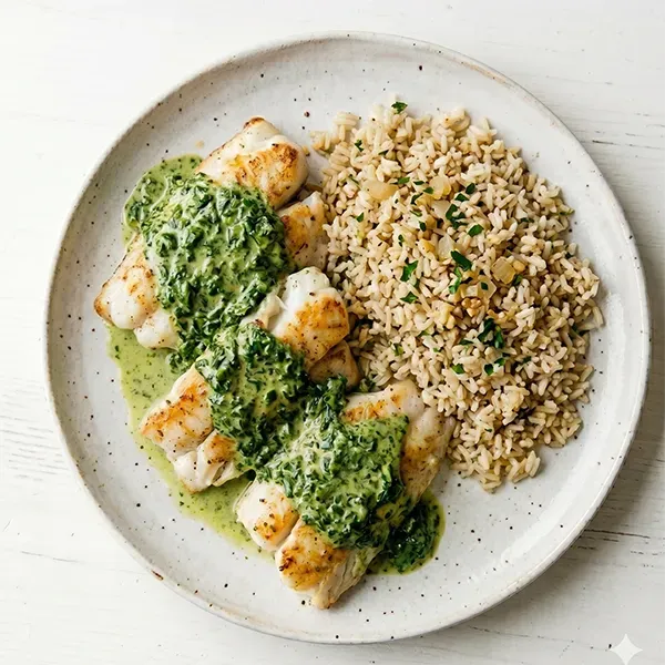 Cilantro Verde Fish With Garlic Brown Rice