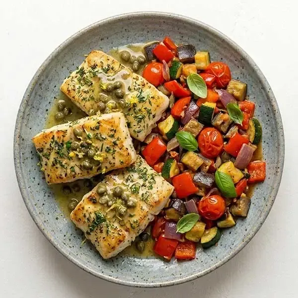 Coastal Herb Fish With Lemon Caper Drizzle And Ratatouille