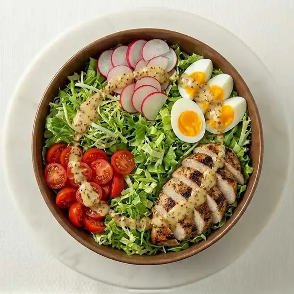 Cobb Salad With Chicken Breast, Boiled Egg , Lettuce, Tomato, Avocado & Mustard Vinegar Dressing