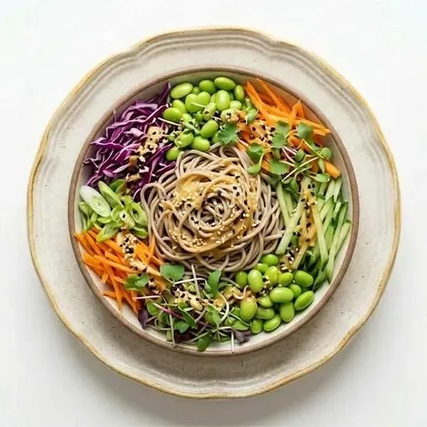 Cold Soba Noodle Bow Salad with Edamame, Shredded Veg & Miso Sesame Dressing