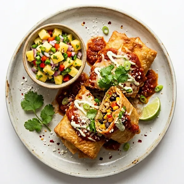 Corn and bell pepper chimichanga with pineapple salsa