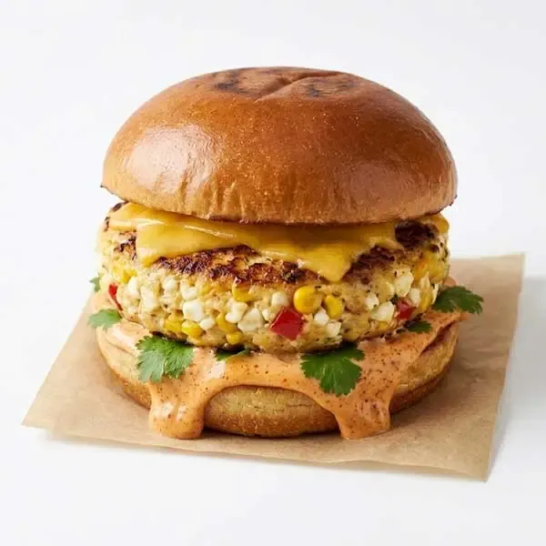 Cottage Cheese And Corn Burger With Paprika Mayo