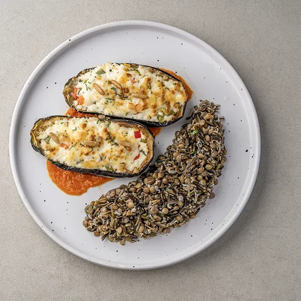 Cottage Cheese Stuffed Eggplant with Wild Rice & Lentil Mix