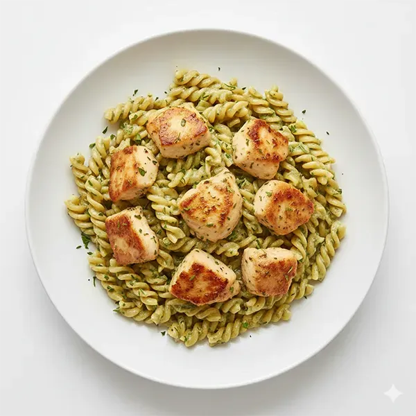 Creamy tarragon chicken with olive oil and basil fusilli
