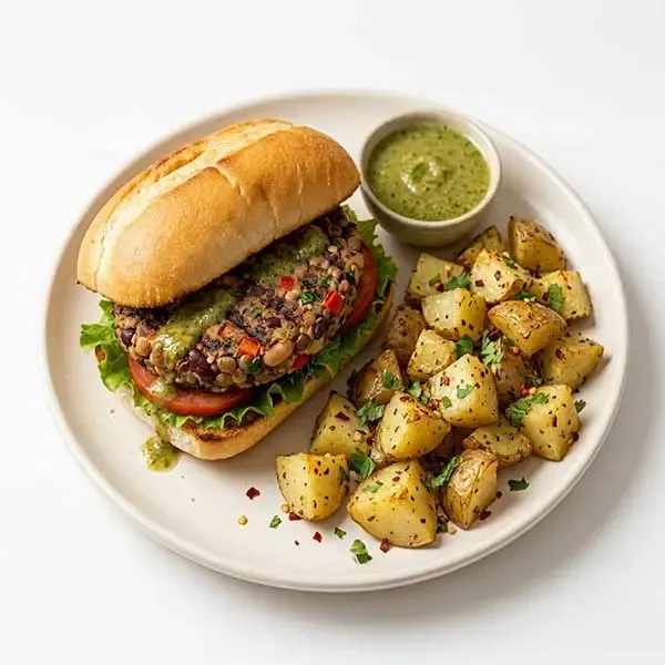 Cuban Roasted Mojo Potato With  And Mixed Bean Pattie Sandwich