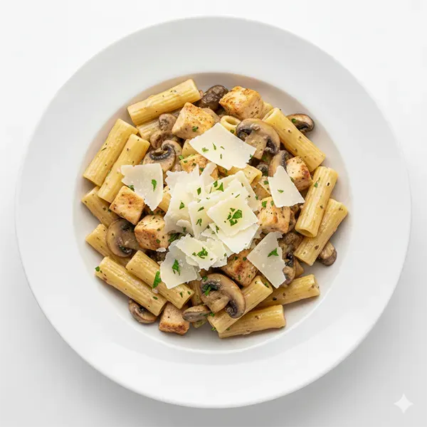 Diced mushroom chicken & rigatoni pasta with parmesan shaves