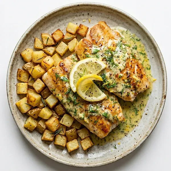 Dill Butter Fish With Oven-Roasted Rustic Potatoes