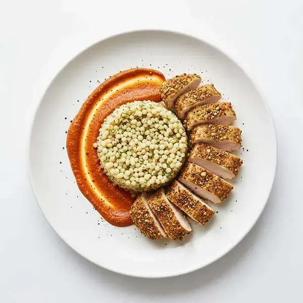 Dukkah spiced chicken with middle eastern dill maftoul and harissa tahini